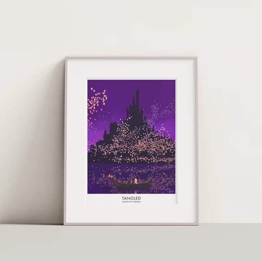 Tangled Rapunzel travel print. Disney poster, travel art Rapunzel castle. Island of Corona Tangled movie poster.