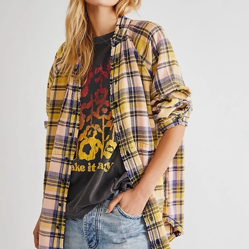 Free People We The Free Summer Daydream Plaid Buttondown in Forest Combo