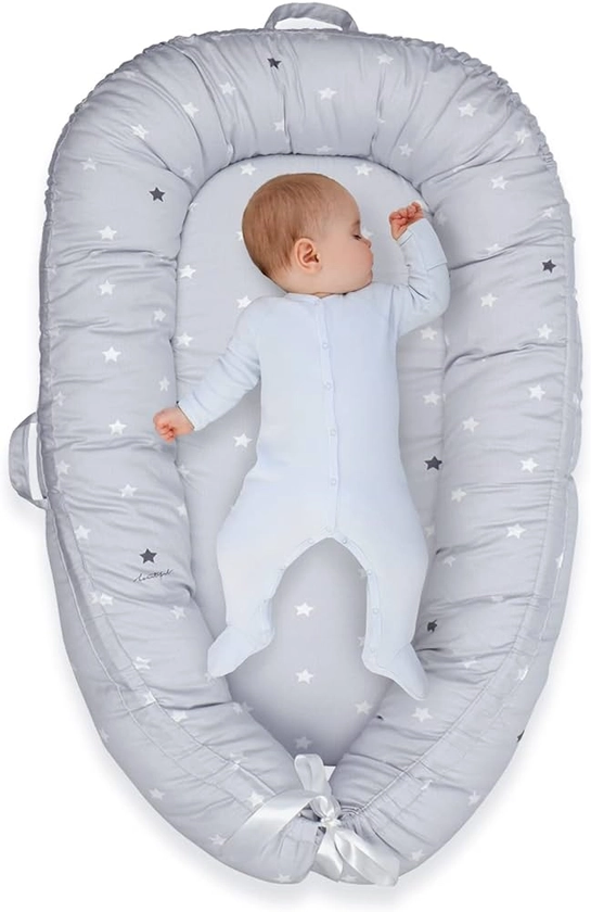 YGJT Baby Nest Pod for Newborn, Lounger for 0-12 Months Boys Girls, 100% Cotton Sleep Essentials for Gifts (Grey Stars)