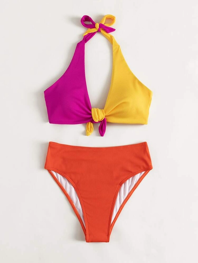 Colorblock Tie Back Halter Bikini Swimsuit: sw2203239030903700