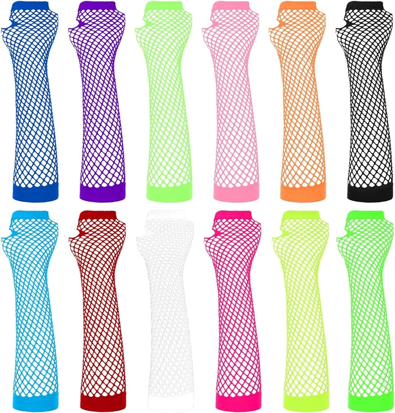 12 Pairs Neon Fishnet Gloves Long Fingerless Fishnet Arm Sleeves for Cosplay Halloween Party Scene Clothes for Women and Girls 80s Party Costume Accessories Supplies (12 Colors)