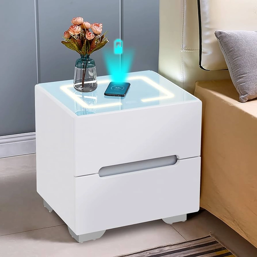 TUKAILAi Bedside Table with Smart Wireless Charging, 3 Color LED, 2 Drawers, Nightstand Bedside Table for Bedroom Living Room White : Amazon.co.uk: Home & Kitchen