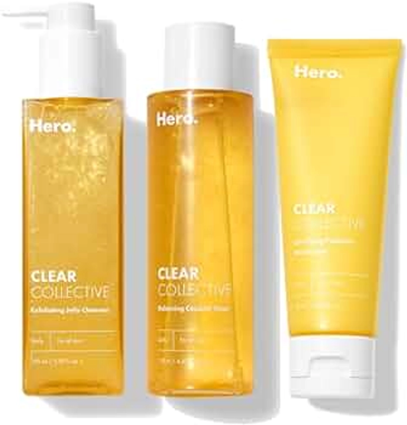 Clear Collective Trio Bundle from Hero Cosmetics - Exfoliating Jelly Cleanser, Clarifying Prebiotic Moisturizer, and Balancing Capsule Toner