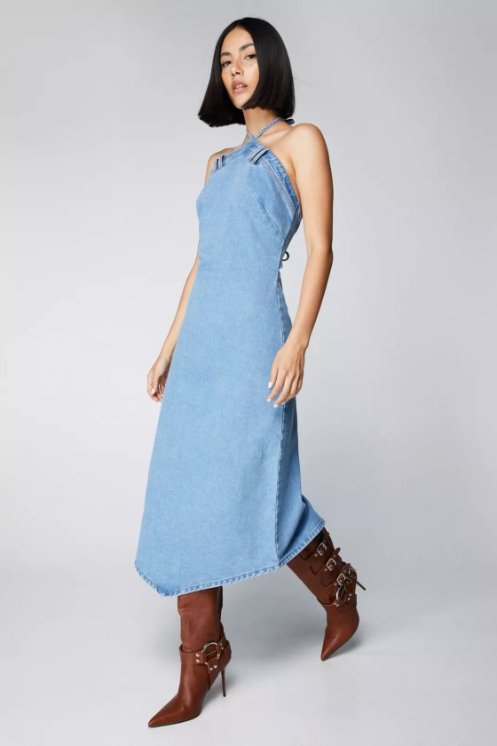 Denim Tie Back Halter Midi Dress