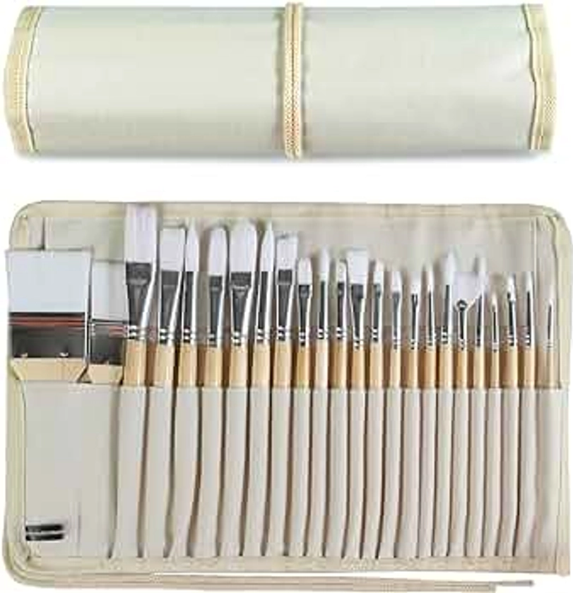 Paint Brushes Set of 24 Pieces Wooden Handles Brushes with Canvas Brush Case, Professional for Oil, Acrylic and Watercolor Painting