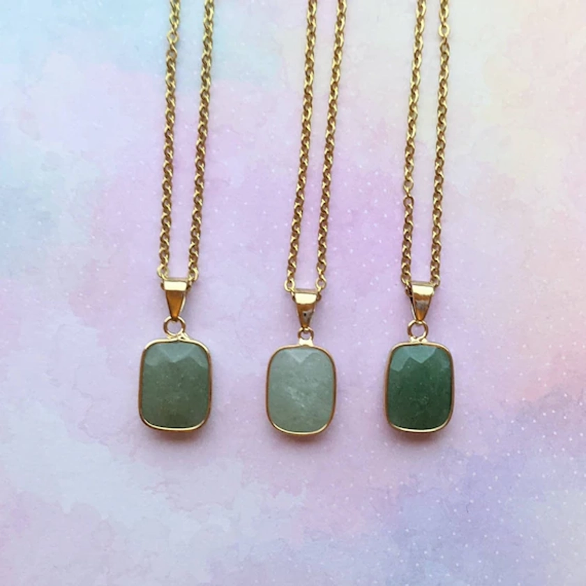 Lucky Green Aventurine Pendant Necklace. Faceted Rectangle. Gold. - Etsy