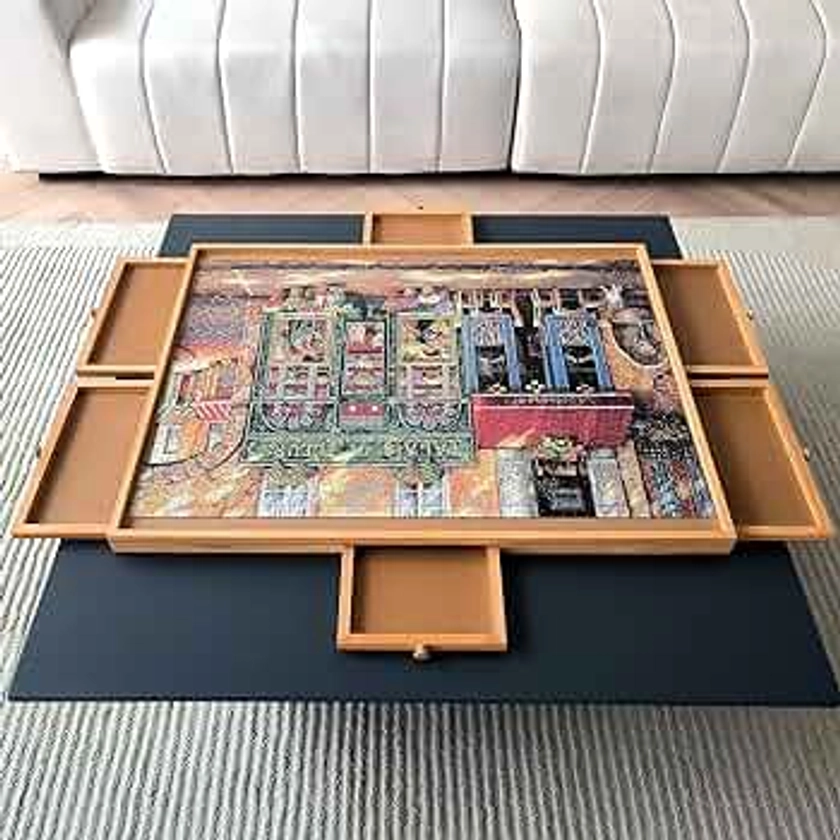 Wooden Puzzle Table with 6 Drawers and Cover, Adult Portable Puzzle Board, 30 "x 21" Lazy Susan Rotating Puzzle Table, Used for Puzzle Storage and Sorting, can Hold 1000 Pieces
