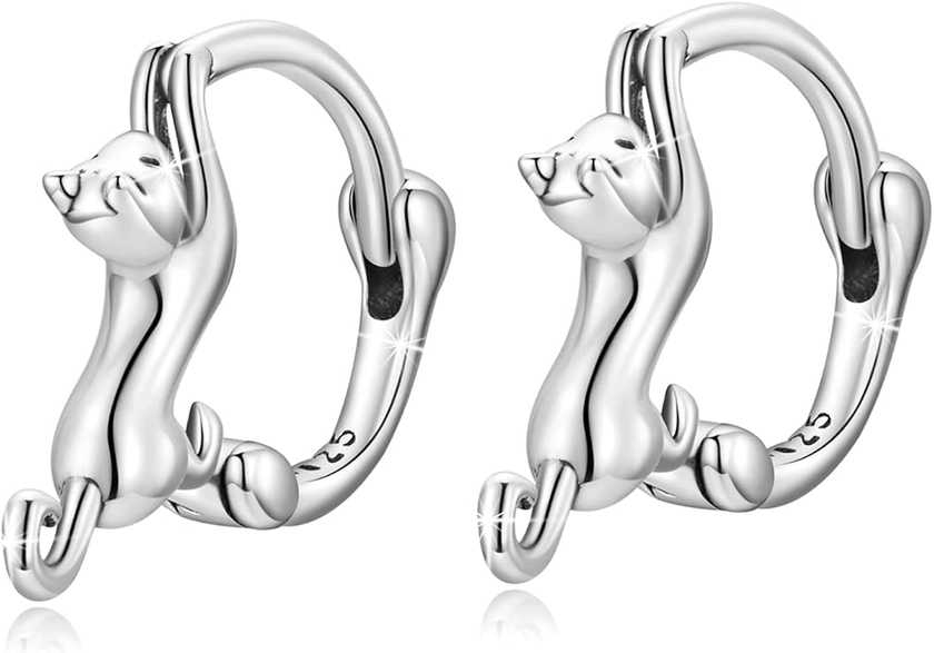 MUNDELL 925 Sterling Silver Cute Cat Huggie Hoop Earrings for Cat Lovers Snake Ear Buckles Hypoallergenic Tiny Hoop Earrings Statement Fine Jewelry