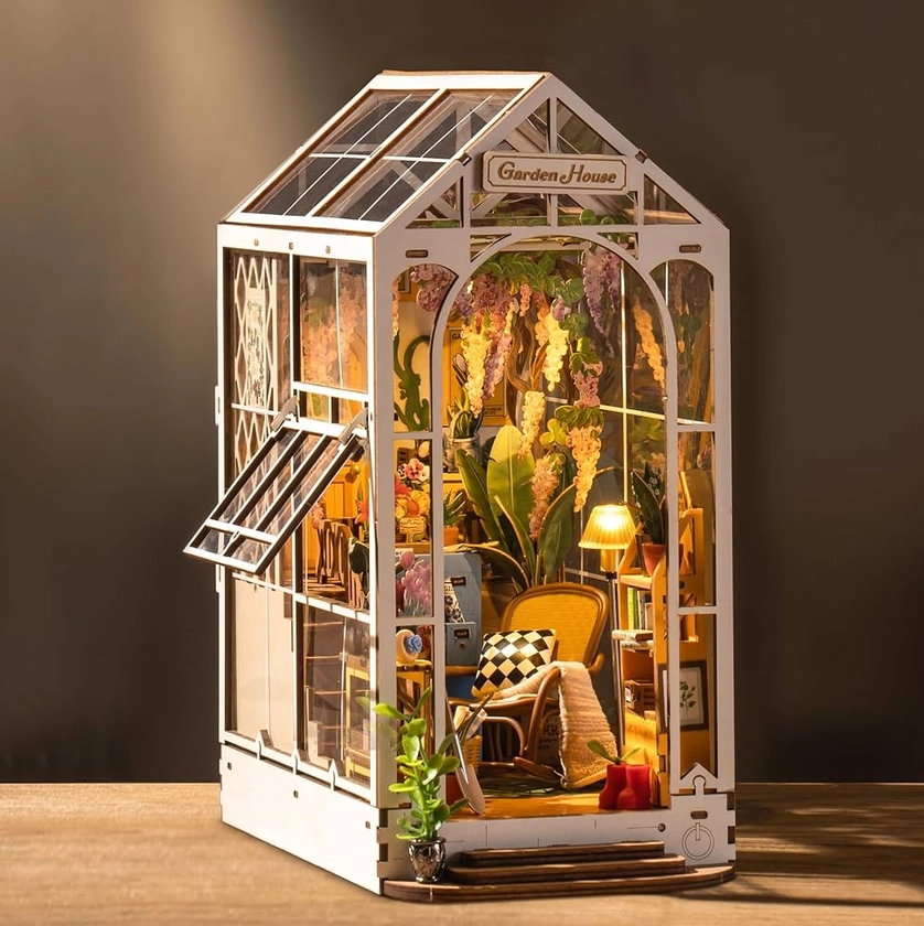 ROBOTIME Book Nook Maison de Poupée en Bois, DIY Miniature, Modèle de Maison Puzzle avec Lumières LED, Maison, Décoration de Bibliothèque, Cadeau de Vacances (Maison de Fleurs de Vacances)