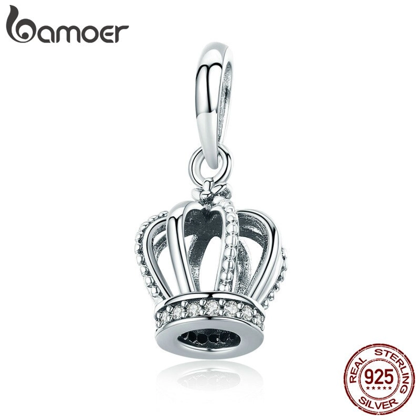 Bamoer Genuine 925 Sterling Silver Princesa Coroa Limpar Cz Encantos Pingente Fit Pulseiras & Colares Cadeia Jóias Finas Scc781
