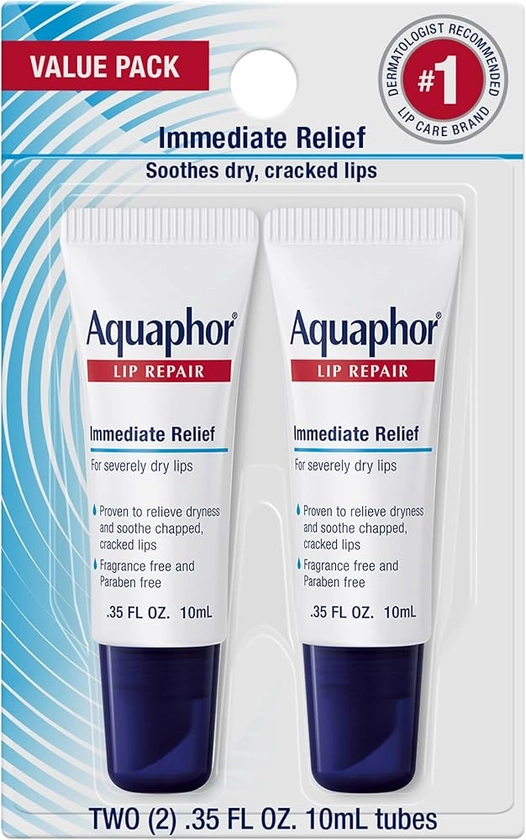 Aquaphor Lip Repair Tubes, Lip Ointment for Chapped Lips, Moisturizing Lip Balm, Two 0.35 ounce tubes