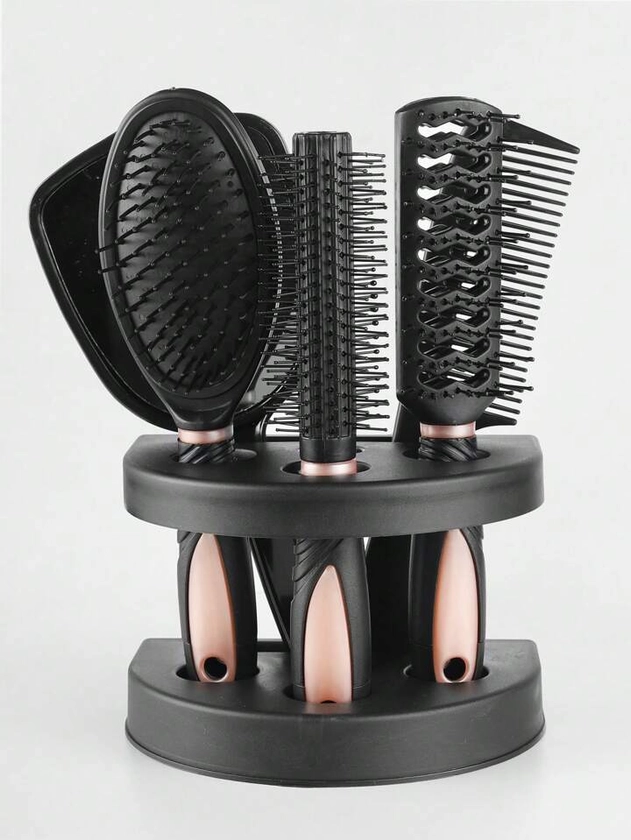 5pcs Hair Combs Set, 4pcs Hair Brush & 1pc Mirror, Cushion Hair Brush & Round Hair Brush & Ribs Comb & Wide Tooth Comb, Detangling Hair Home Barber Shop Salon Hairdressing Styling Tool With Mirror