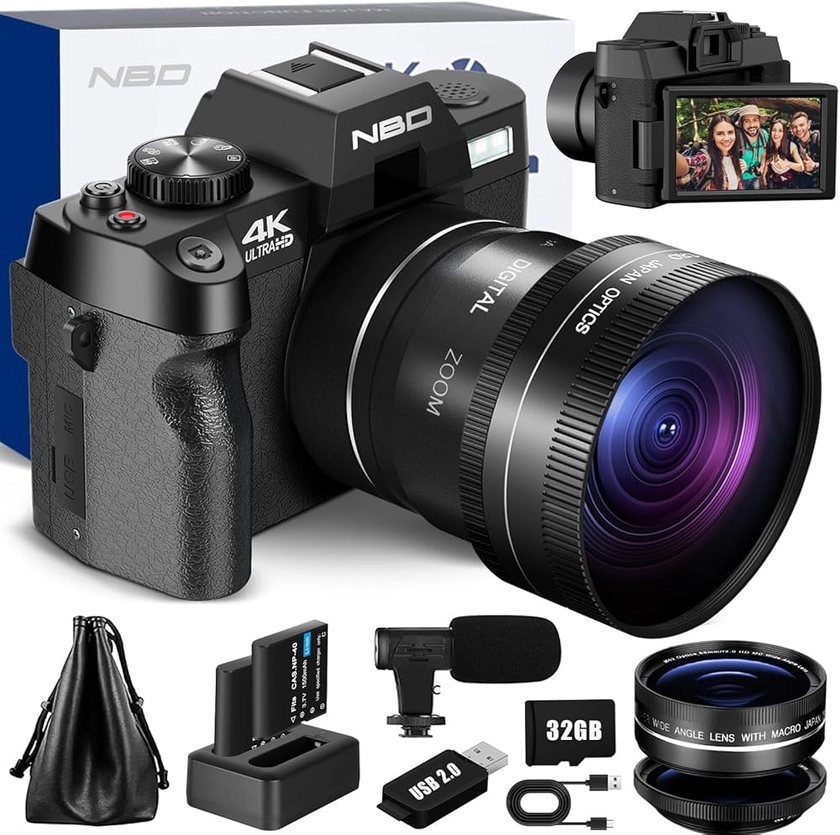 NBD Appareil Photo numérique 4K 48 MP autofocus avec Grand Angle et Macro, Zoom 16x, Carte 32 Go et Microphone, écran de Film 3,0" 180° Appareil Photo Compact pour débutants (Noir)