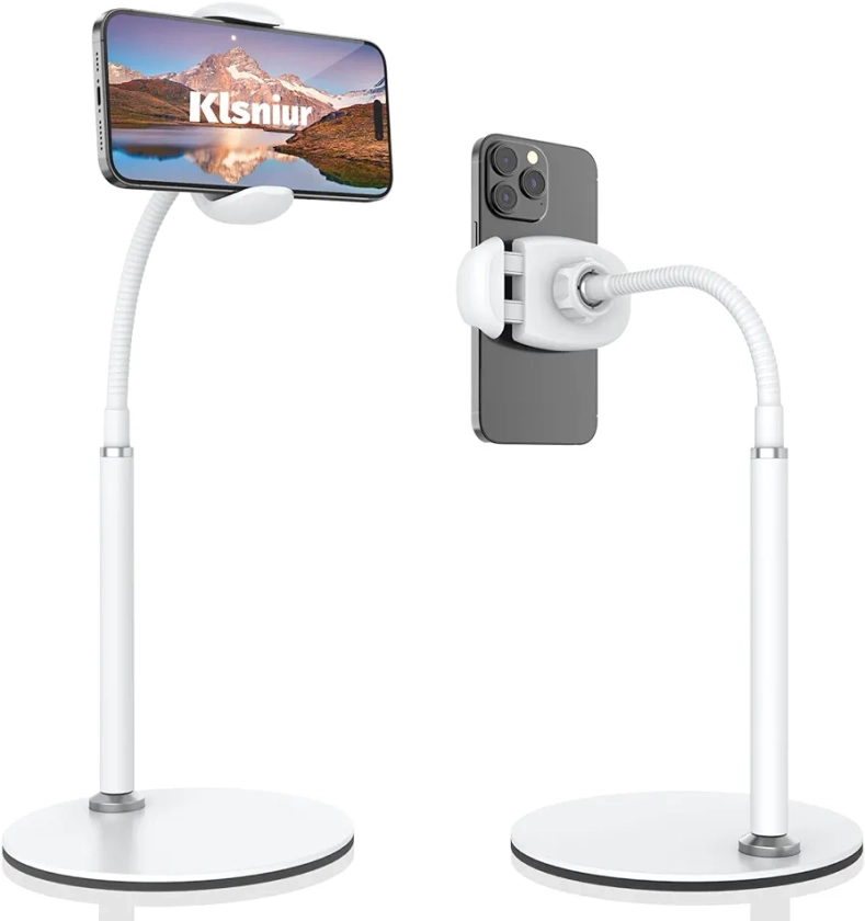 Cell Phone Stand, Adjustable Height & Angle Gooseneck Phone Stand for Desk Flexible Arm Universal Phone Holder, Aluminum Alloy Desktop Phone Stand for Recording Compatible with 3.5"-7" Device (White)