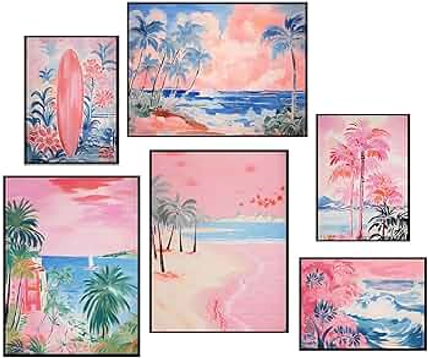 LBARTXY Beach Prints Wall Art Set of 6, Summer Pink Coastal Wall Decor Pictures Beachy Room Decor Aesthetic Preppy Surf Palm Tree Posters for Teen Girls Dorm Decoration, Unframed