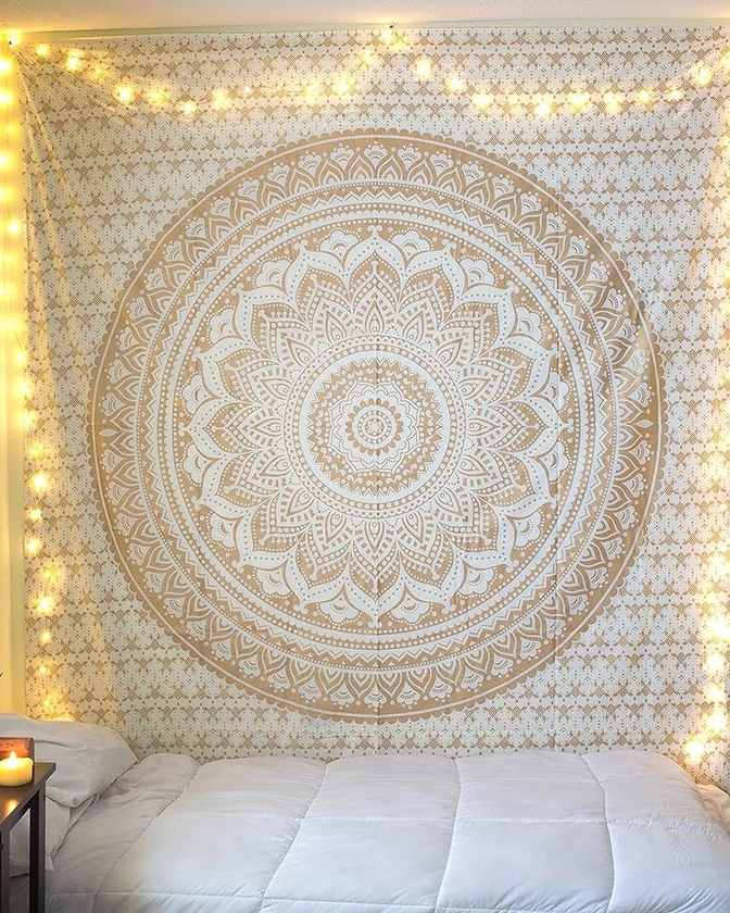 raajsee Mandala Tapestry - Boho Wall Art - 30x40 Inches - White Gold - Bedroom Decor