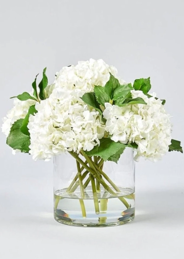 White Hydrangea in Glass Vase | Faux Flower Arrangements | Afloral.com