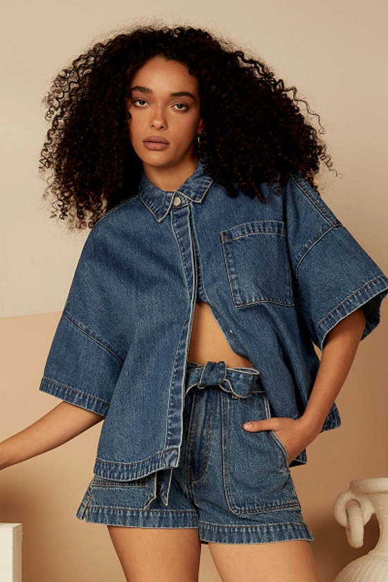 Short Sleeve Oversized Denim Shirt In Mid Blue