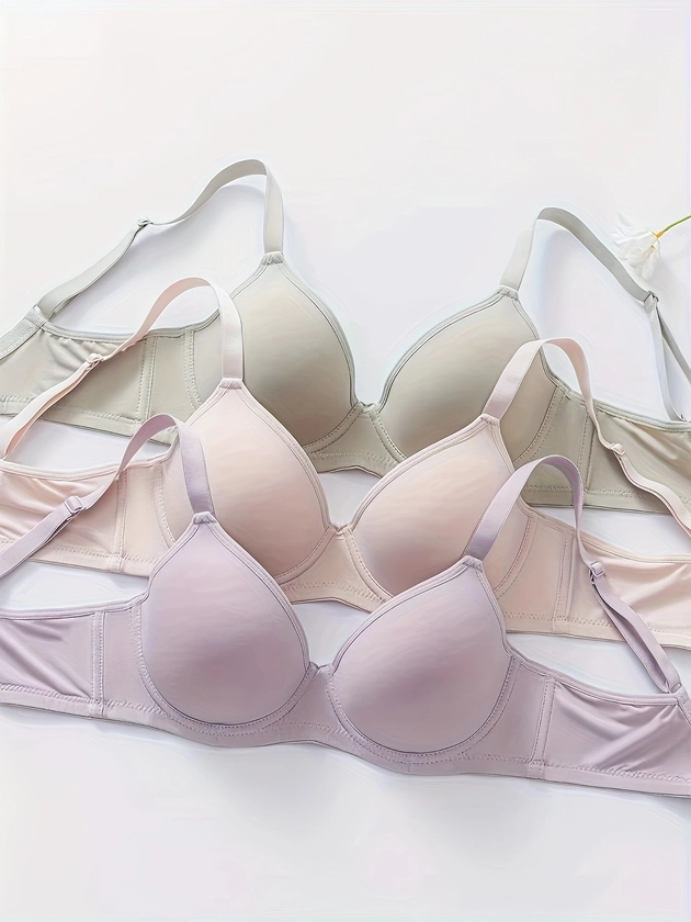 3pcs Pastel Solid Bra, Simple & Breathable Underwire Bra, Women's Lingerie & Underwear