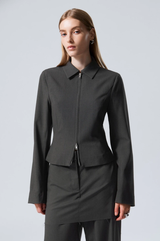 Zip Suiting Jacket - Round neck - Long sleeve - Dark Grey Melange - Ladies | H&M GB