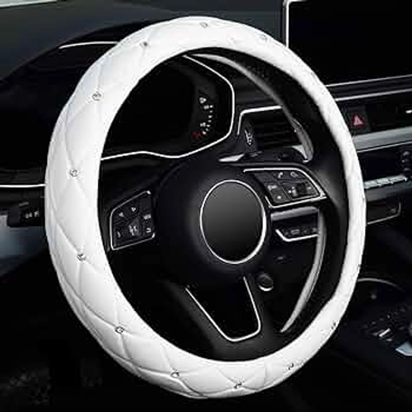 KAFEEK Diamond Soft Leather Steering Wheel Cover with Bling Bling Crystal Rhinestones, Universal 15 inch, Pure White