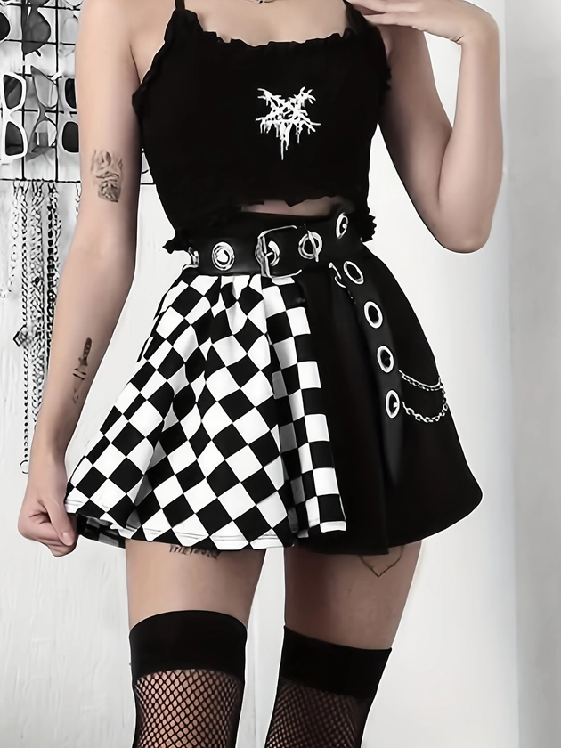 Chessboard Print Splicing Skirt, Gothic Ruched Punk Mini Skirt Without Belt, Women&#39;s Clothing