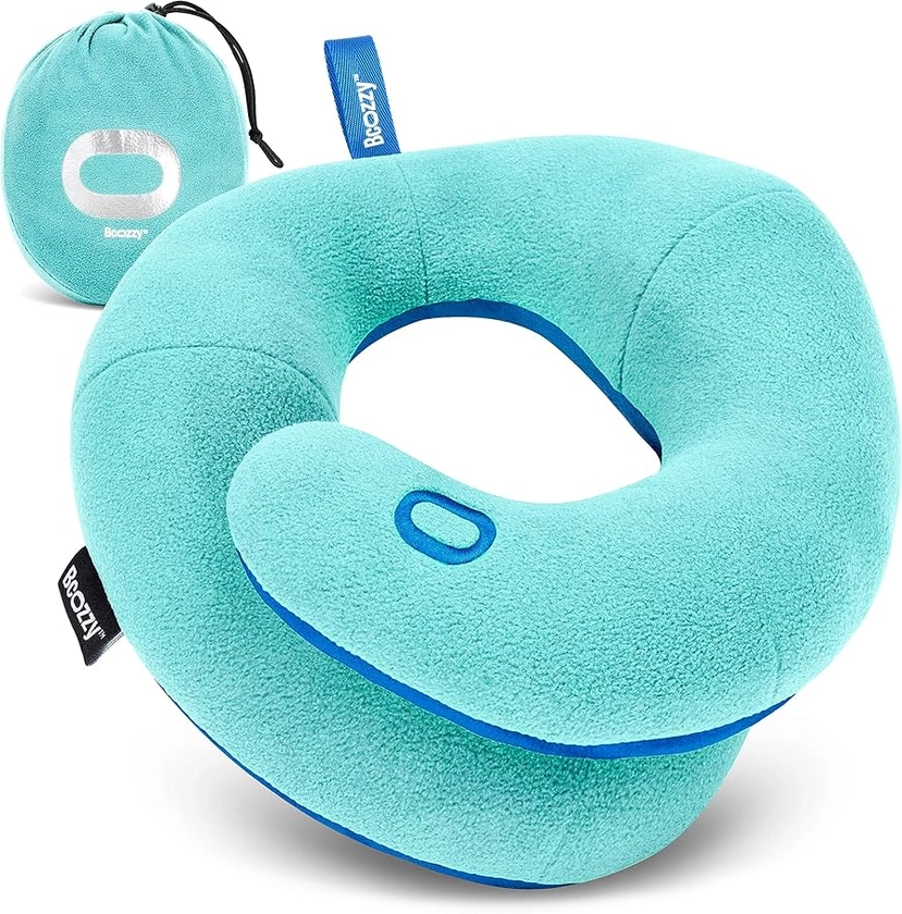 BCOZZY Kids Travel Neck Pillow (3-7 Y/O), Double Support for Comfortable Car Seat & Airplane Journeys and Road Trips, Washable with Carry Bag, for Boys & Girls, Small Size, Light Blue