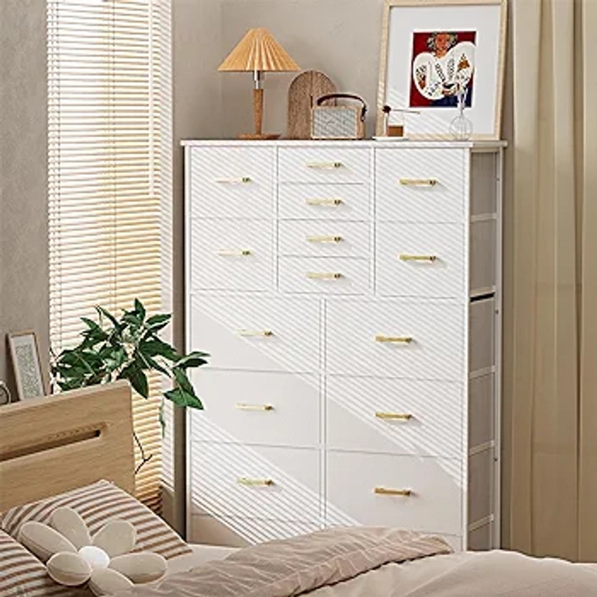 YILQQPER Dresser for Bedroom with 16 Drawers, Tall Dresser Organizer for Closet, Entry, Living Room, Nursery, Dorm, Chest of Drawers with Fabric Bins, Leather Front, Metal Handle, Glacier White