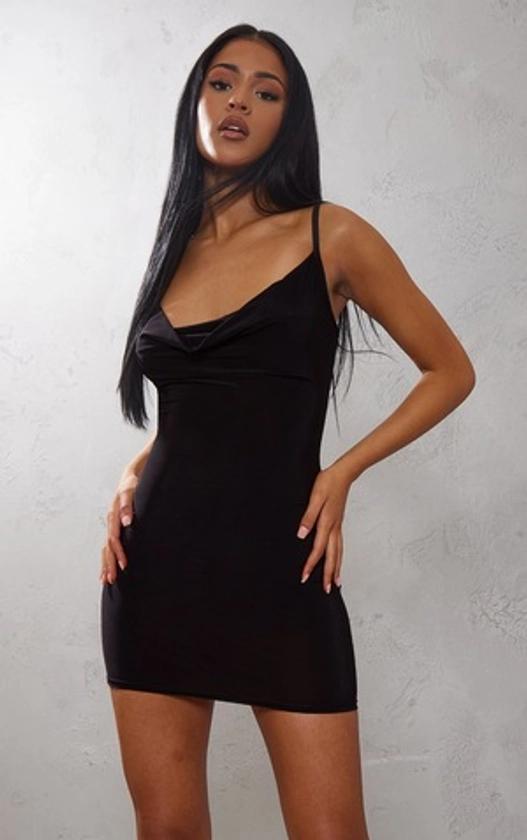 Tall Black Slinky Cowl Neck Mini Dress