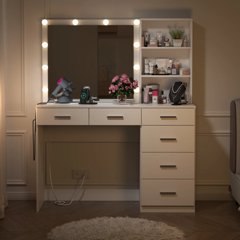 Vanity Desk with Lights, 6-Drawers Makeup Vanity Table with Socket Outlet and Storage Shelves, Dressing Table with Lighted Mirror for Women Girls