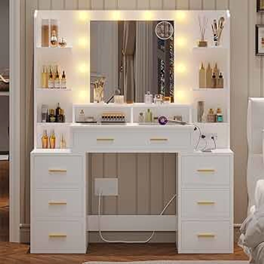 BTHFST Glass Top Vanity Desk with Mirror and Lights, Makeup Vanity with Lights, Charging Station and 10x Magnifying Mirror, Large Vanity Table with 8 Drawers, Acrylic Dividers and Shelves, White