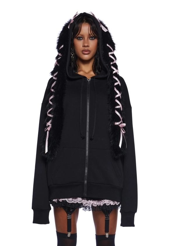 Sugar Thrillz Pastel Goth Faux Fur Ribbon Lace-Up Bunny Ear Zip-Up Hoodie - Black