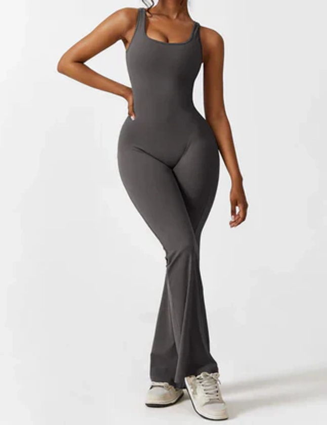 V-Back Flared Jumpsuit Grey