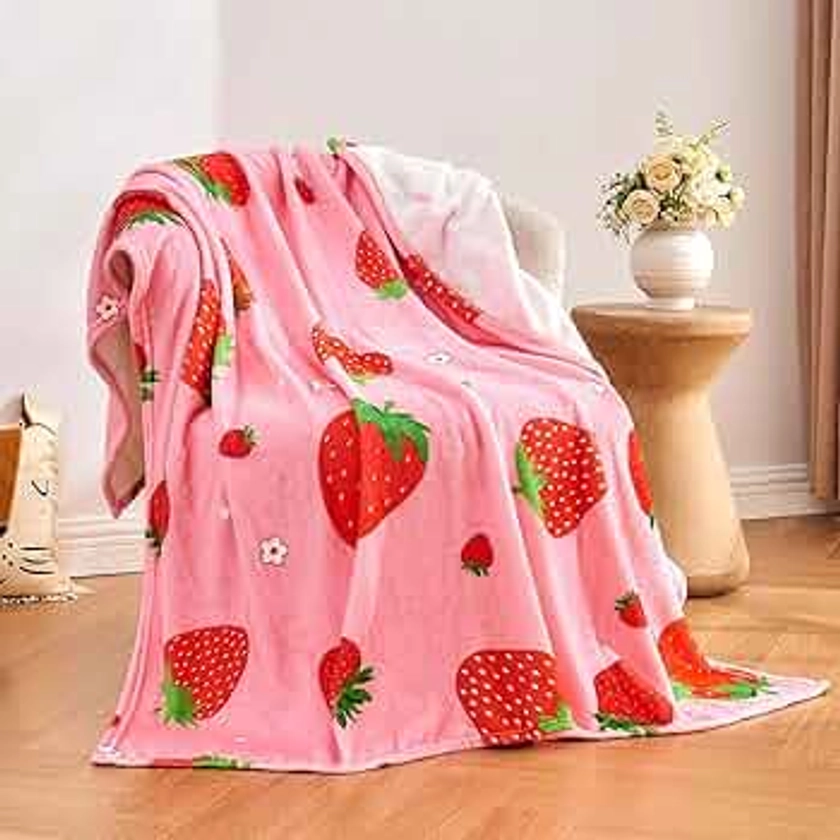 Strawberry Throw Blanket for Girls Teens Women Pink Soft Fuzzy Flannel Bed Blanket for Kids Adults Plush Cute Christmas Birthday Gifts,60”x80”