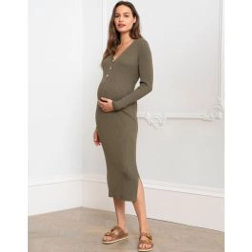 Darlina | Khaki Ribbed Knit Midi Maternity Dress