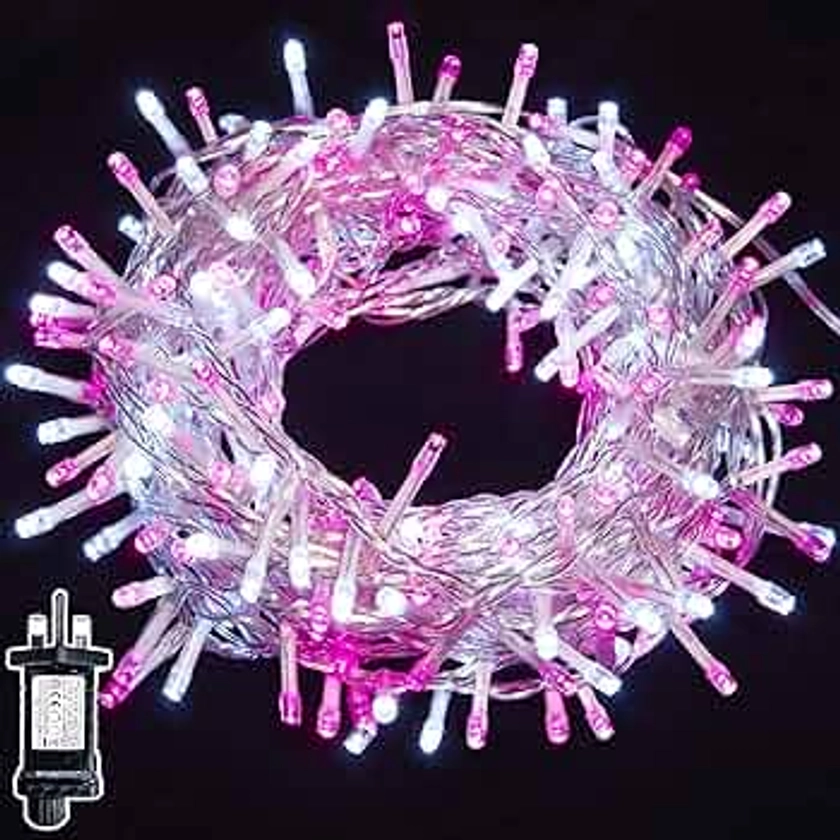 WISD Christmas Lights - 400 LED 23M Xmas Tree Lights with Timer and Memory - Indoor Outdoor Fairy String Lights Mains Powered for Garden Bedroom Party Decoration (Pink + White)