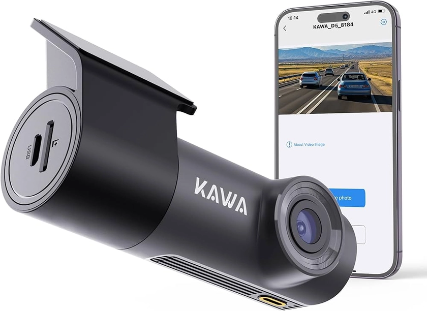 KAWA Dashcam Voiture Avant 1296P, Mini Camera pour Voitures avec Application, WiFi, Vision Nocturne WDR, Corps Rotatif à 360°, Angle de Vue de 145°, Surveillance de Stationnement 24H, Capteur G, D5.