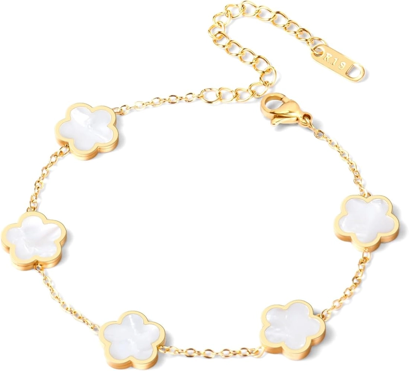 Dainty Gold Chain Bracelet for Women 18K Gold Plated Flower Five Clover Bracelets for Women Christmas Gifts