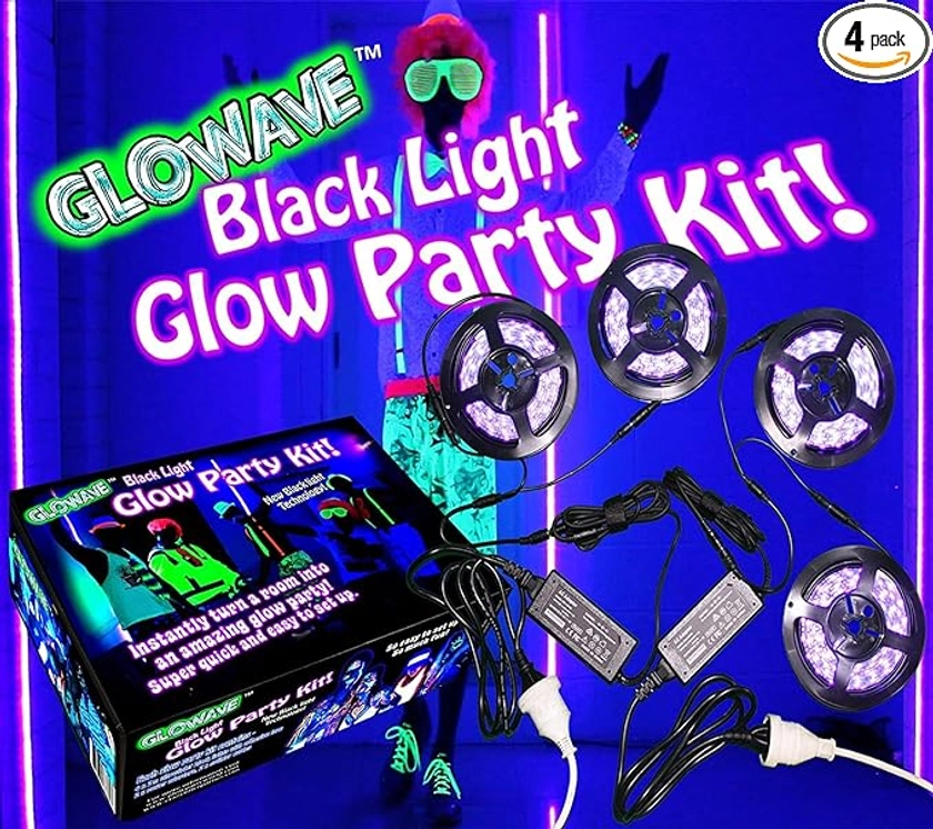 Black Lights for Glow Party! 115W Blacklight LED Strip kit. 4 UV Lights to Surround Your Neon Party. Ultraviolet Lighting for Big Rooms. Easy Set up! Glow in The Dark Party Supplies. Fiesta Luz Negra