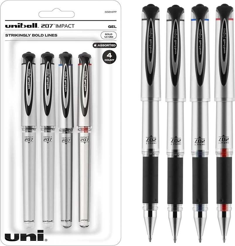 uni-ball 207 Impact Gel Pens Bold Point, 1.0mm, Assorted, 4 Pack