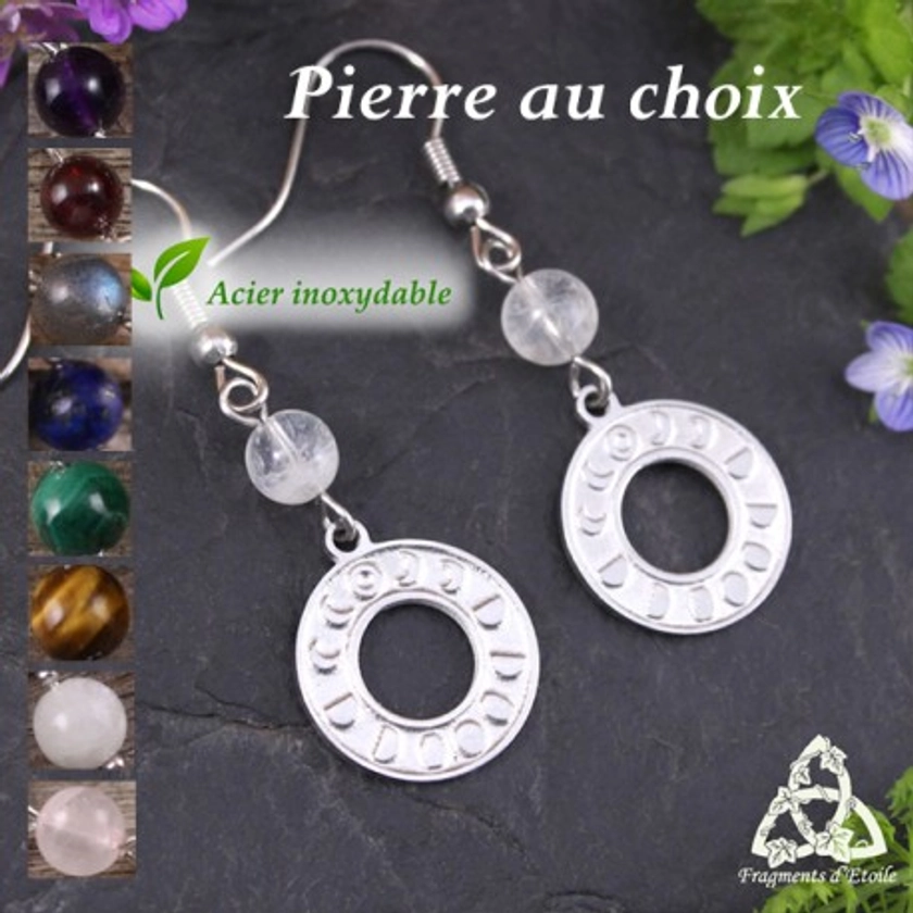 Boucles d'oreilles ésotérique Sorcière Phases de la Lune et Pierre gemme.