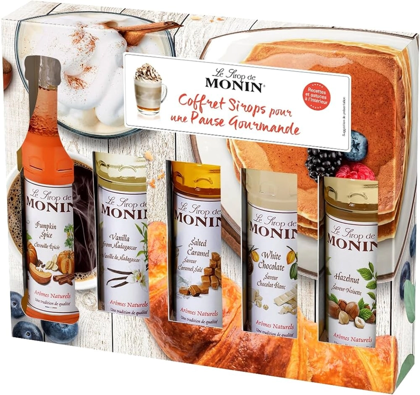 MONIN – Coffret pour Café & Desserts - Citrouille Epicée, Vanille, Caramel Salé, Chocolat Blanc et Noisette pour Latte, Café et Chocolats Chauds - 5x5cl