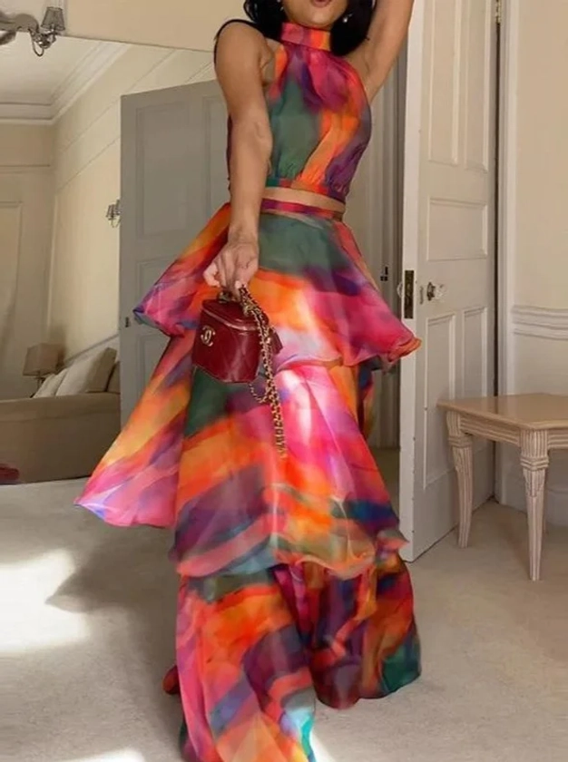 One Shoulder Hollow Solid Color Slit Dress