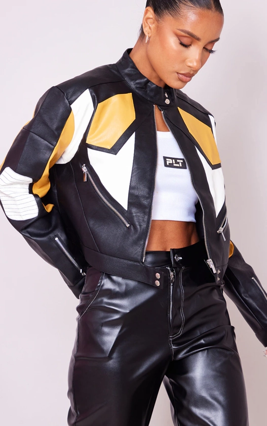 Black And Yellow Motocross Panel Detail Faux Leather Biker Jacket