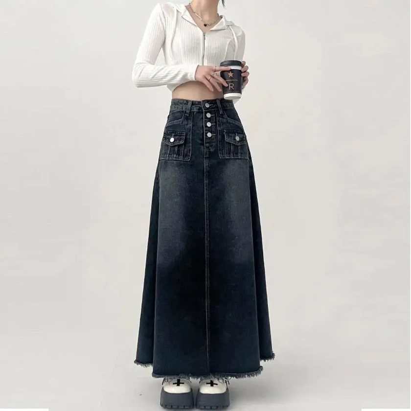 High-waisted Cargo Denim Skirt Women's Autumn Long A-line Mid-length Skirt Retro Raw Edge Y2k Female Clothing Korean Style
