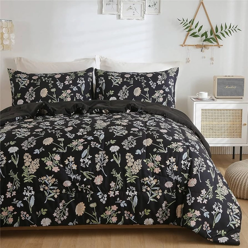 Floral Comforter Set Queen Size, Yellow Green Botanical Flower Leaves Printed Comforter for Kids Teen Women, 3 Piece Soft Microfiber Bedding Set with 2 Pillow Cases for All Season(Black,Queen)