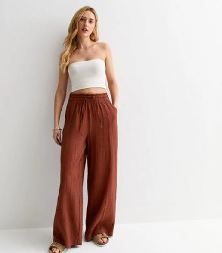 Rust Crinkle Wide Leg Trousers