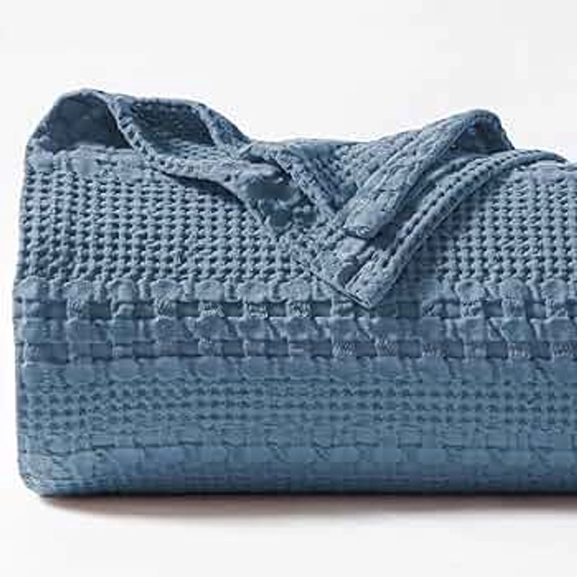 PHF 100% Cotton Waffle Weave Blanket King Size, Lightweight Washed Cotton Blanket for Spring & Summer - 108"x90" Soft Woven and Breathable Blanket for Bed Sofa Home Decor - Captain's Blue