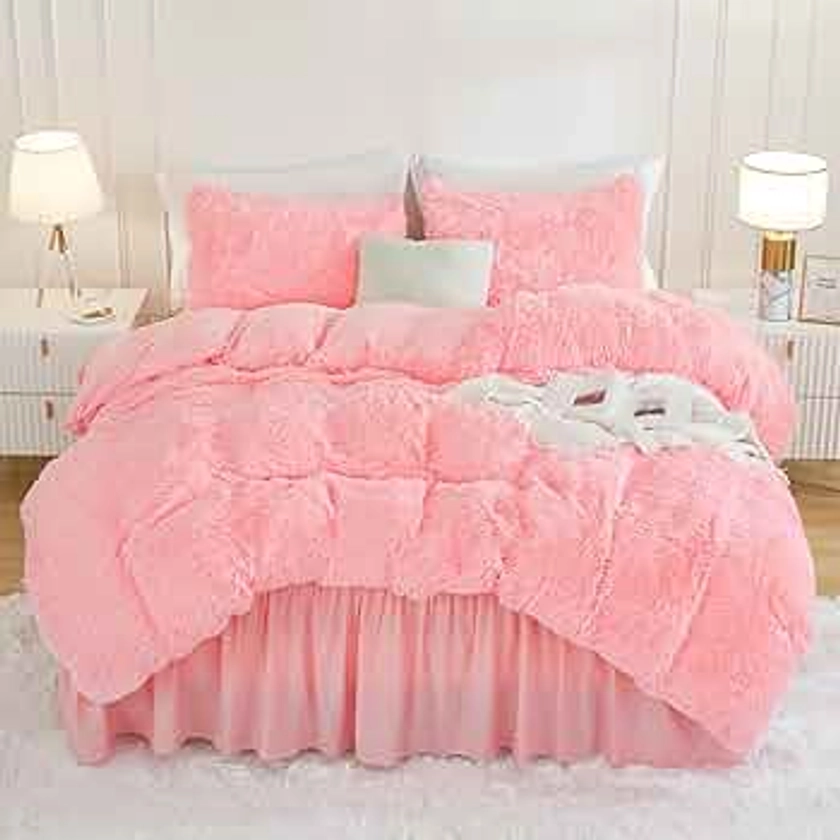 Andency Faux Fur Pink Comforter Set Full Size, 3 Pieces Fluffy Fuzzy Plush Bedding Comforter Set (1 Shaggy Velvet Comforter & 2 Pillowcases), Soft Puffy Comfy Down Alternative Comforter Bedding Set