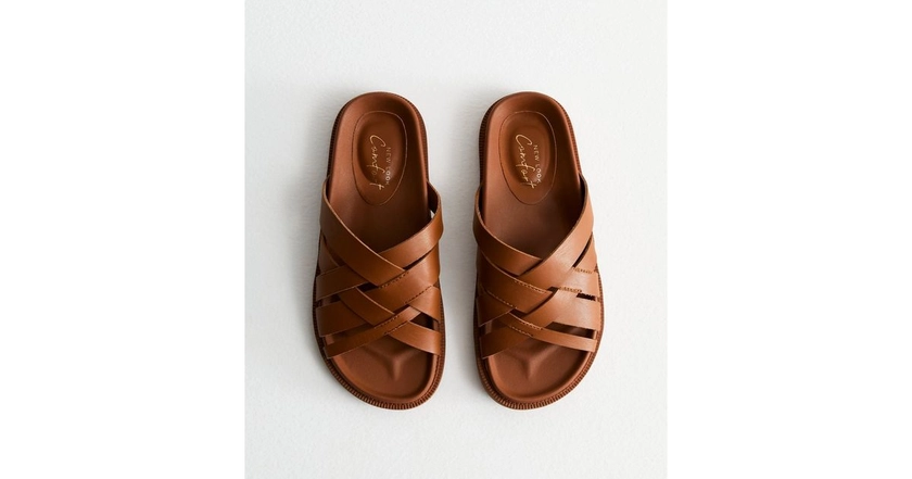 Tan Leather-Look Cross Strap Chunky Sandals | New Look